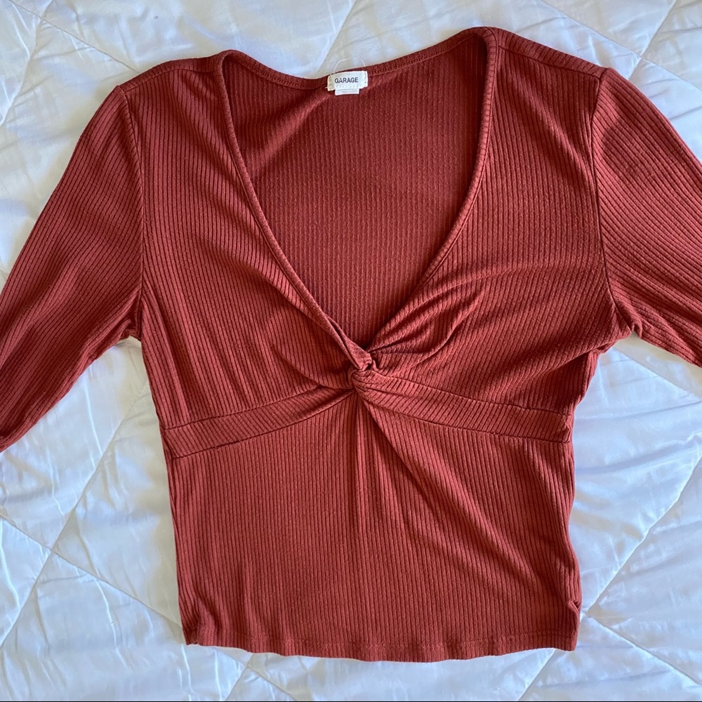Garage Clothing Rust V Neck Twist Long Sleeve Top